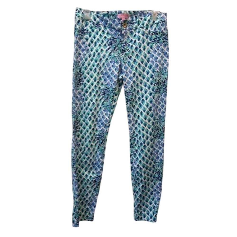 Lilly Pulitzer Womens Blue & White‎ Geometric Print Skinny Pants Size 4